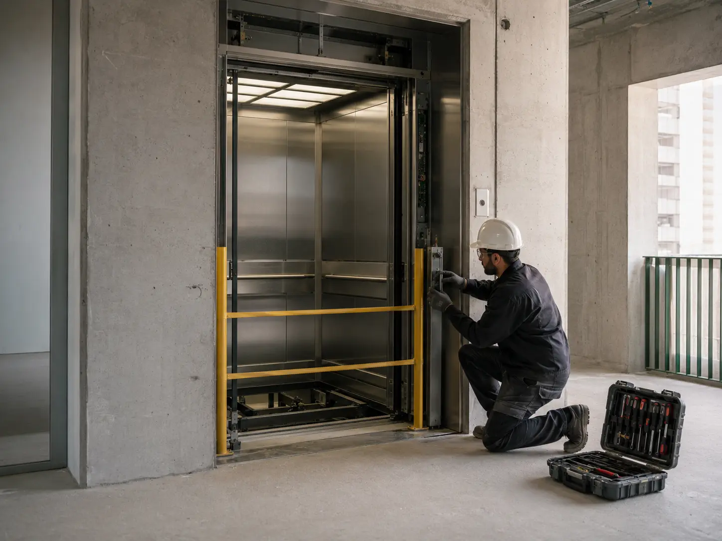 Técnico trabalhando na instalação de um elevador